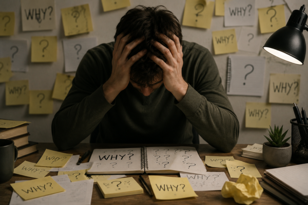 A person sitting with head in hands, surrounded by sticky notes or notebook pages filled with question marks.