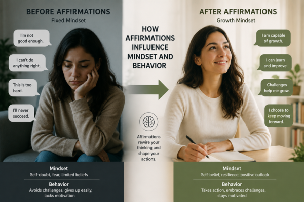 Split scene of a person before and after—left side looking doubtful or withdrawn, right side more confident and engaged.