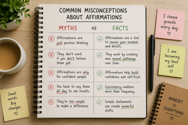 A notebook or whiteboard with “Myths vs Facts” written at the top, with simple checkmarks and crossed-out assumptions.