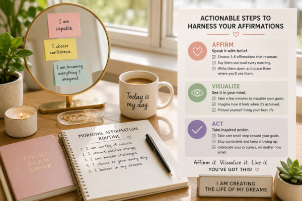 A morning routine setup with mirror, journal, and checklist labeled “Affirm • Visualize • Act.”