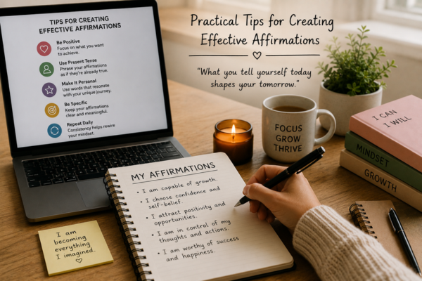 A journal or laptop screen with personalized affirmations being written, such as “I am capable of growth.”