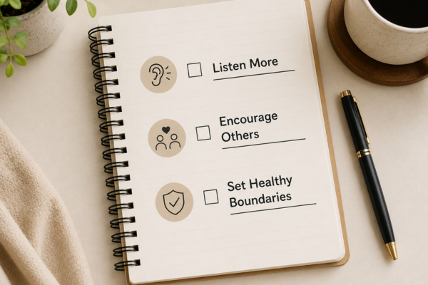 A notebook with a short checklist: “Listen • Encourage • Set Boundaries • Appreciate.”