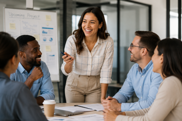 A small group where one energetic, smiling person positively influences others around them.