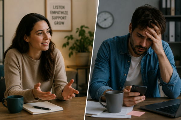 Two people in the same room—one calm and centered, the other visibly stressed or distracted.