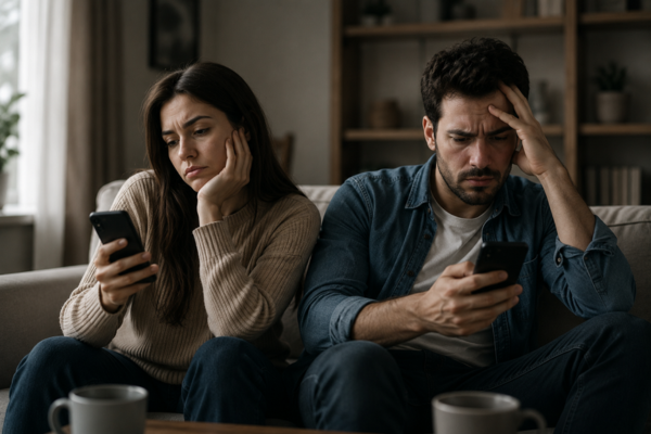 Two people sitting together in a negative posture—arms crossed, looking frustrated or drained.