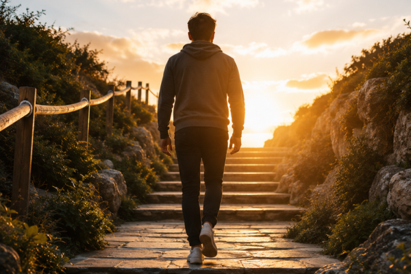 A person confidently stepping forward on a path or staircase toward bright light.