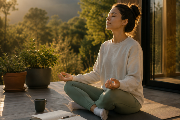 A person engaging in a healthy self-care activity like walking outdoors, journaling, or meditating.