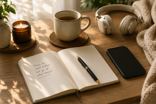 A peaceful morning setup with tea/coffee, journal, headphones, and phone placed face down.