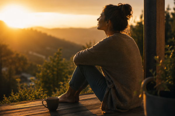 A person sitting reflectively after a difficult moment, but with sunlight or hopeful lighting in the background.