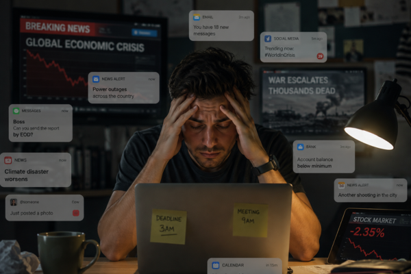 A person surrounded by screens, notifications, or stressful headlines, looking mentally exhausted.