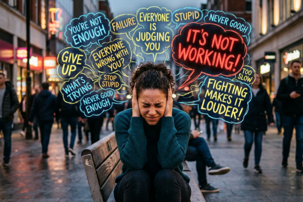 A person trying to block out noise with hands over their ears while thought bubbles continue to appear around them. A person trying to block out noise with hands over their ears while thought bubbles continue to appear around them.