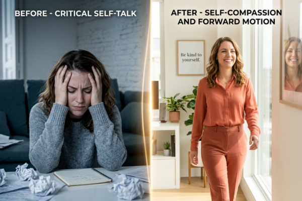 A split-scene showing the same person before and after—one side tense and self-critical, the other confident, calm, and moving forward. A split-scene showing the same person before and after—one side tense and self-critical, the other confident, calm, and moving forward.