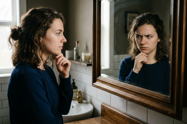A person looking into a mirror, appearing thoughtful while their reflection looks more judgmental or concerned. A person looking into a mirror, appearing thoughtful while their reflection looks more judgmental or concerned.