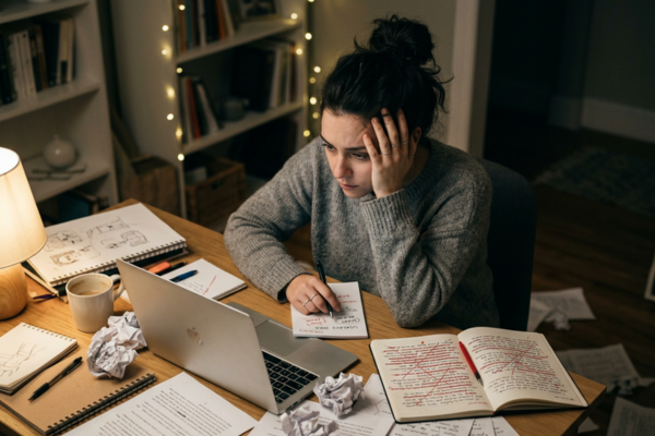 A person sitting at a desk staring at an unfinished project, surrounded by crumpled papers or crossed-out ideas. A person sitting at a desk staring at an unfinished project, surrounded by crumpled papers or crossed-out ideas.