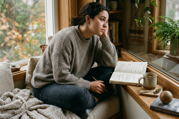 A person sitting alone feeling overwhelmed, while a notebook, calming tea, or grounding activity sits nearby. A person sitting alone feeling overwhelmed, while a notebook, calming tea, or grounding activity sits nearby.