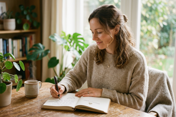 A person journaling calmly with a compassionate expression, as if listening rather than fighting their thoughts. A person journaling calmly with a compassionate expression, as if listening rather than fighting their thoughts.