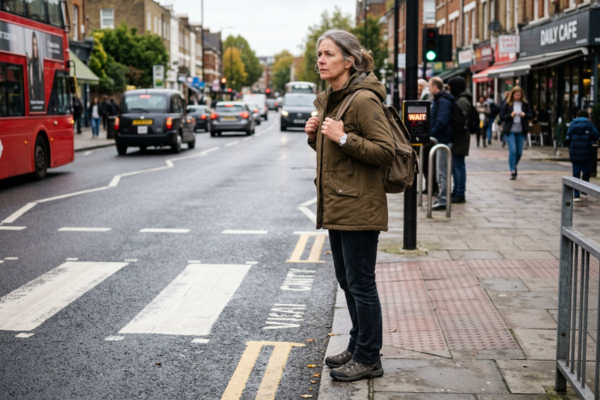 A person cautiously looking both ways before crossing a road or preparing carefully before a challenge. A person cautiously looking both ways before crossing a road or preparing carefully before a challenge.