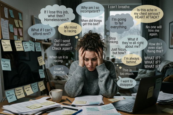 A person sitting overwhelmed with multiple sticky notes, notifications, or thought bubbles filled with questions and worries. A person sitting overwhelmed with multiple sticky notes, notifications, or thought bubbles filled with questions and worries.
