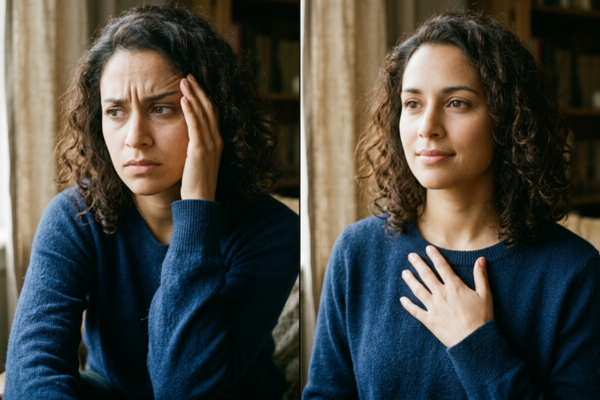 A split portrait of the same person—one side tense and worried, the other calm and centered. A split portrait of the same person—one side tense and worried, the other calm and centered.