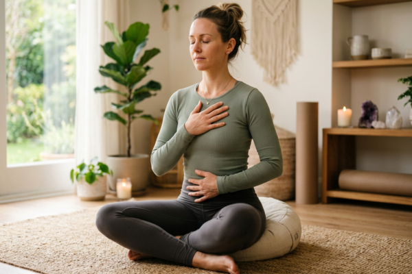 A person sitting comfortably with one hand on their chest and one on their abdomen, focusing on their breath. A person sitting comfortably with one hand on their chest and one on their abdomen, focusing on their breath.