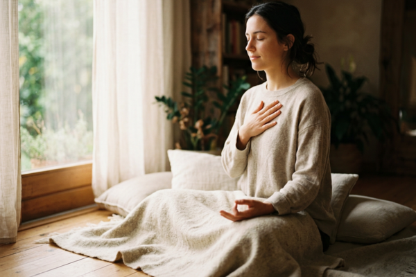 A person sitting quietly with eyes closed and hand over heart, appearing calm and grounded. A person sitting quietly with eyes closed and hand over heart, appearing calm and grounded.
