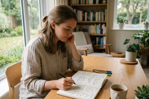 A person journaling or reviewing notes in a calm environment before making a choice. A person journaling or reviewing notes in a calm environment before making a choice.