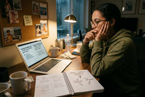 A person staring at two options on a laptop screen, notebook, or decision board, appearing uncertain. A person staring at two options on a laptop screen, notebook, or decision board, appearing uncertain.