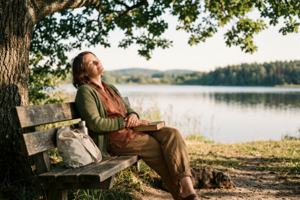 A person peacefully relaxing outdoors in nature—on a bench, under a tree, or near the water—with no devices visible. A person peacefully relaxing outdoors in nature—on a bench, under a tree, or near the water—with no devices visible.
