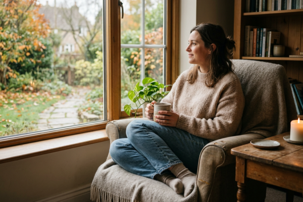 A person sitting comfortably in a chair near a window, holding a warm drink, simply observing the moment. A person sitting comfortably in a chair near a window, holding a warm drink, simply observing the moment.