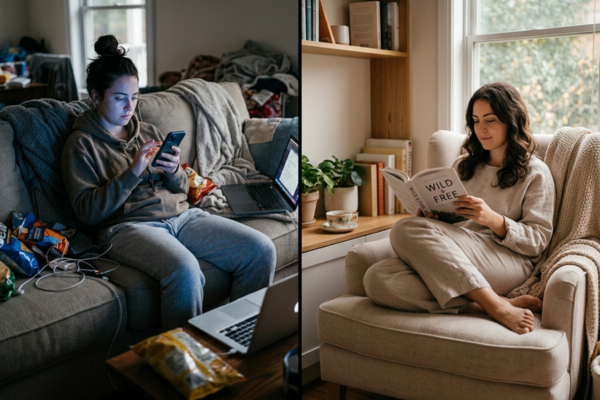 Split scene: one side showing mindless scrolling and distraction, the other showing intentional rest such as reading, relaxing, or sitting quietly. Split scene: one side showing mindless scrolling and distraction, the other showing intentional rest such as reading, relaxing, or sitting quietly.