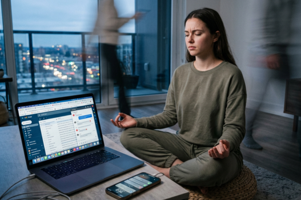 A person attempting to meditate while subtle visual cues show mental activity—open tabs on a laptop, notifications, or blurred movement around them. A person attempting to meditate while subtle visual cues show mental activity—open tabs on a laptop, notifications, or blurred movement around them.