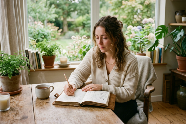 A person journaling quietly with a thoughtful, emotional expression, surrounded by a peaceful environment. A person journaling quietly with a thoughtful, emotional expression, surrounded by a peaceful environment.