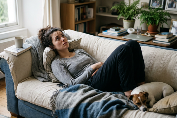 A person lying on a sofa during the day, eyes open and thoughtful rather than relaxed. A person lying on a sofa during the day, eyes open and thoughtful rather than relaxed.