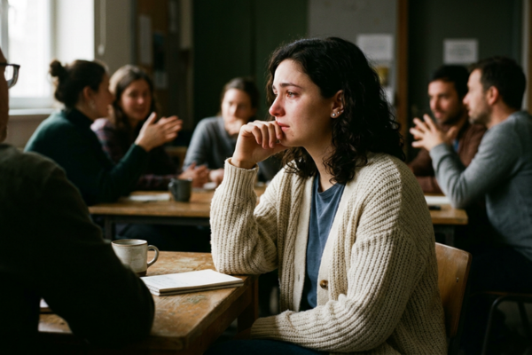 Split scene: one side showing a person listening supportively, the other side showing the same person looking overwhelmed while trying to "fix" someone else's problems. Concept: The difference between caring and carrying. Style: Clear visual contrast, professional and relatable