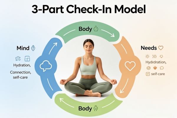 A clean, modern visual introducing the "3-Part Check-In Model" as an easy-to-follow framework with three connected pillars.