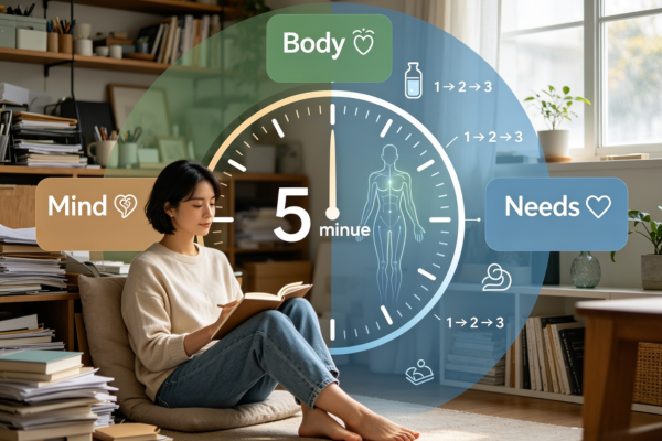 A five-minute visual guide showing a person completing the 3-Part Check-In with a simple timer and three quick steps.