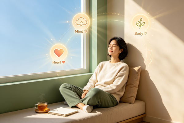 A peaceful moment of self-reflection where a person pauses to check in with their mind, body, and emotions before continuing their day.