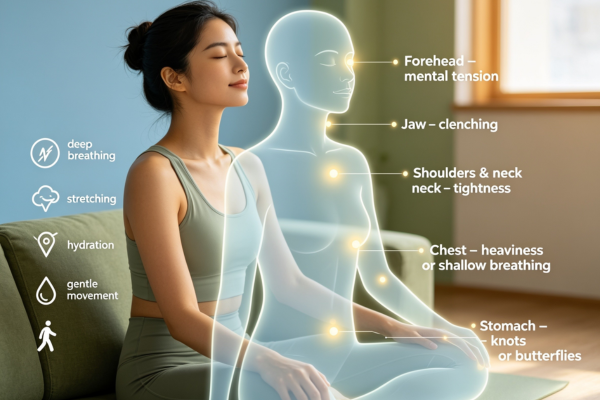 A mindful body scan illustration showing a person tuning into physical sensations to recognize stress before it escalates.
