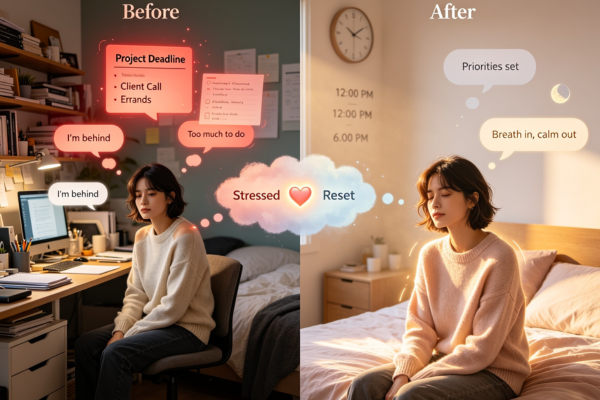 A “before and after” emotional reset scene showing how a short check-in transforms mental state during the day or at night.