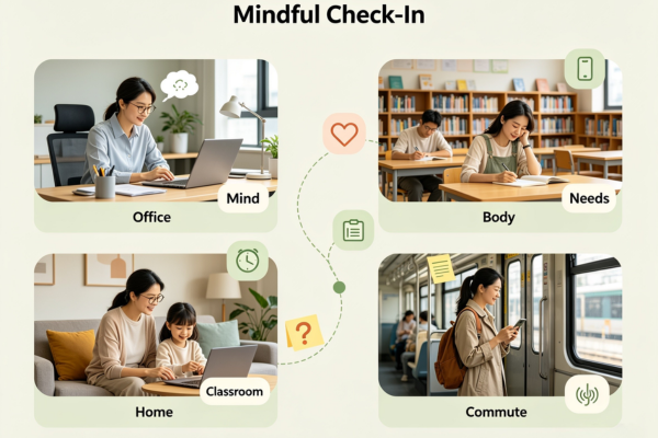 A flexible “emotional check-in on the go” concept showing how the practice fits into different daily lifestyles and busy routines.