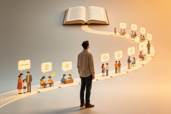A visual timeline showing how life experiences gradually shape a person's inner story and beliefs.