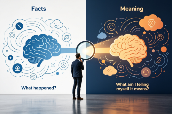 A split-scene illustration showing the difference between an objective event (fact) and the personal interpretation (meaning) attached to it.