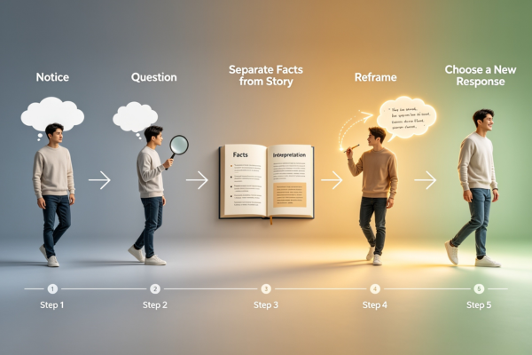 A visual roadmap illustrating a simple step-by-step process for reframing unhelpful thoughts into balanced, constructive perspectives.
