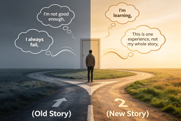 A branching path illustration showing how changing your internal story leads to different emotional outcomes and life experiences.