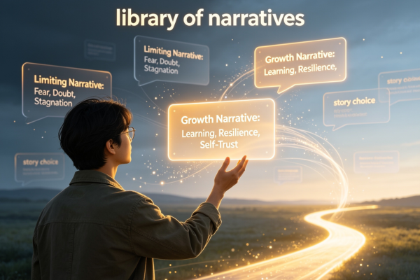 A visual metaphor of a person consciously selecting a “story path” that leads to growth, stability, and self-support instead of limitation.
