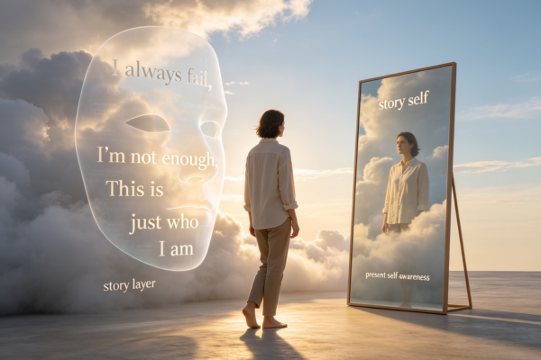 A powerful identity-distancing visual showing a person separating from their internal story and seeing themselves beyond it.