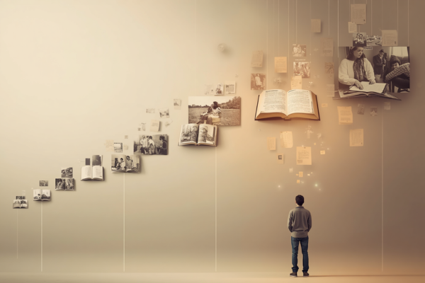 A “life timeline turning into a storybook” showing how experiences gradually shape a person’s inner narrative. A “life timeline turning into a storybook” showing how experiences gradually shape a person’s inner narrative.