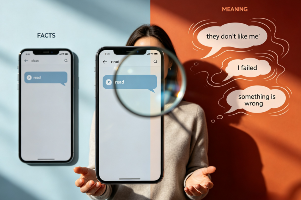 A clear split between reality (facts) and interpretation (meaning), showing how the same event can create two very different emotional experiences. A clear split between reality (facts) and interpretation (meaning), showing how the same event can create two very different emotional experiences.