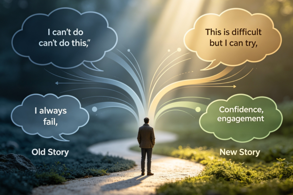 A branching-path illustration showing how changing an inner story leads to completely different emotional outcomes and life responses. A branching-path illustration showing how changing an inner story leads to completely different emotional outcomes and life responses.