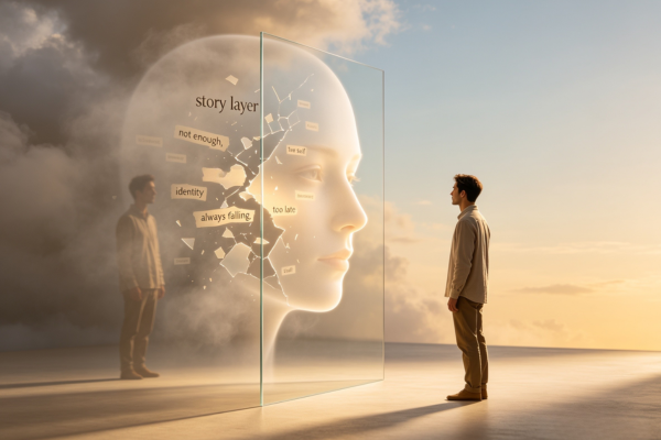 powerful identity-separation visual showing a person observing their “story self” rather than being trapped inside it. powerful identity-separation visual showing a person observing their “story self” rather than being trapped inside it.